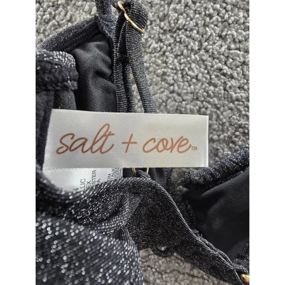 Salt + Cove Solid Lurex Twist-Front Bralette Bikini Women's XS Black Hook Back